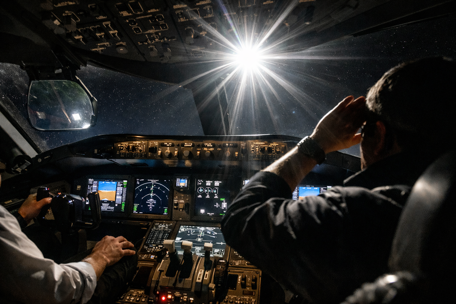 Cockpit glare from a satellite beam posing an aviation safety hazard