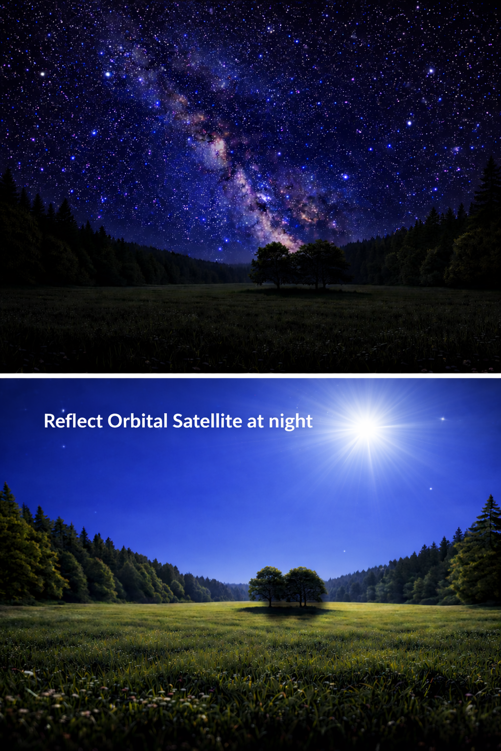 Before and after: a natural night sky vs. a Reflect Orbital satellite beam illuminating a landscape